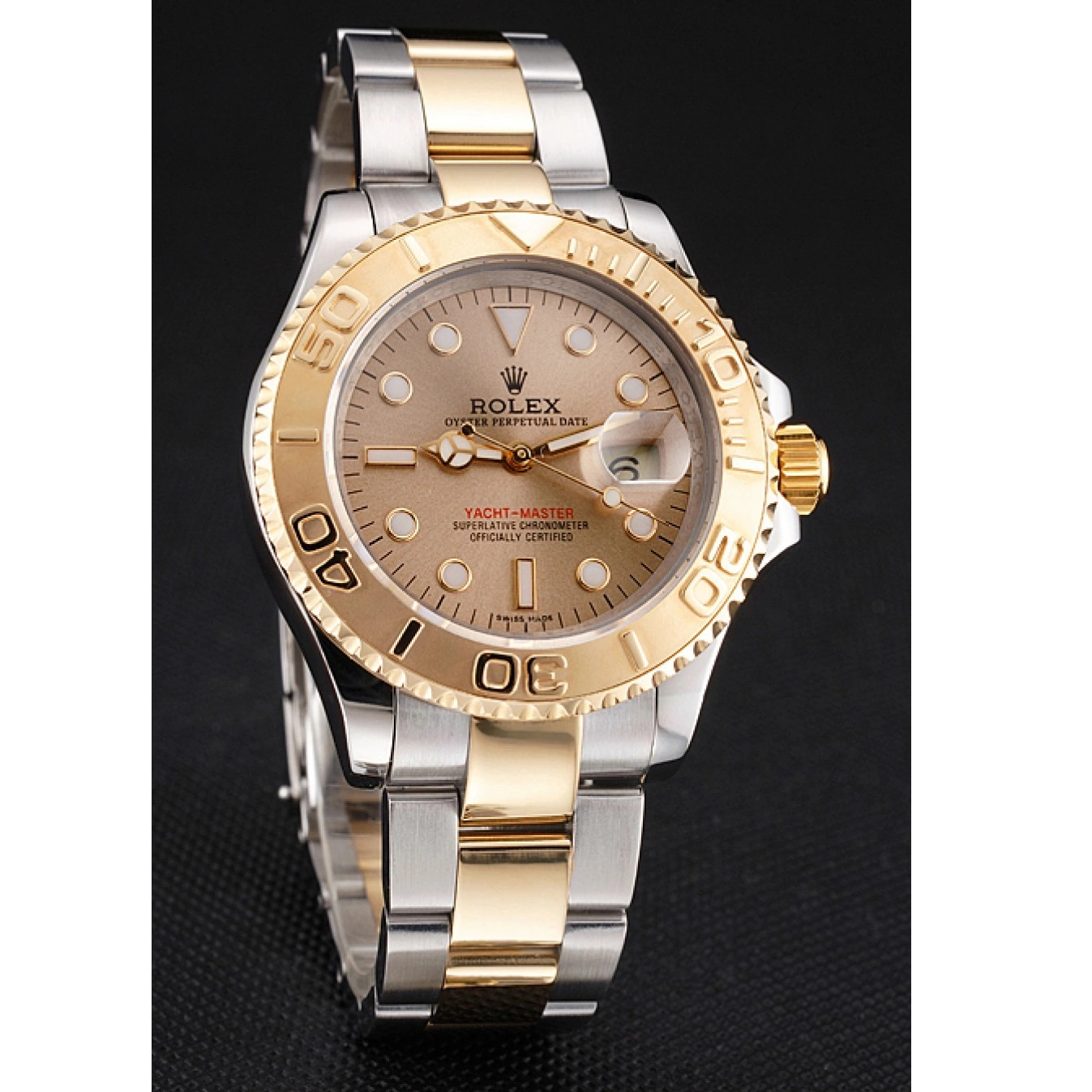 Aaa replica watch Swiss Dial Rolex Gold Yacht-Master Bracelet Champagne Stainless Case Bezel Steel Two Tone 0707